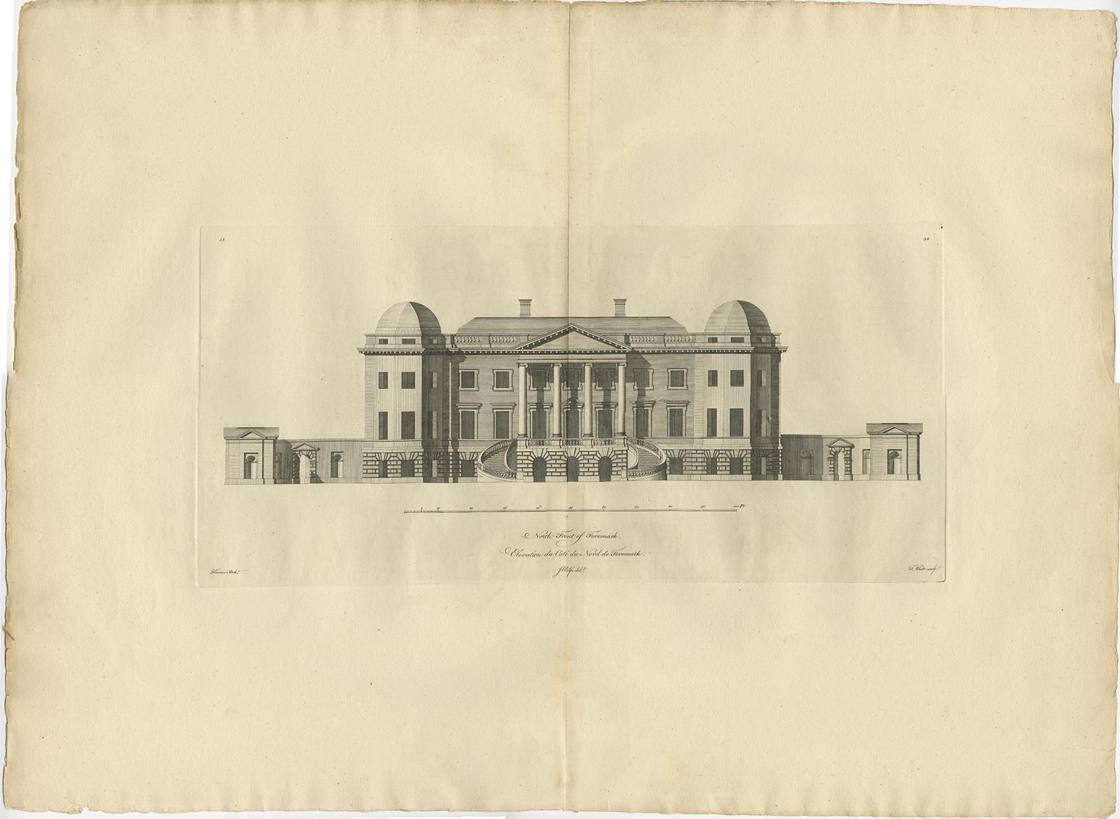 Old Engraving of Foremarke Hall, a Manor House in Derbyshire, England, ca.1770 In Good Condition For Sale In Langweer, NL