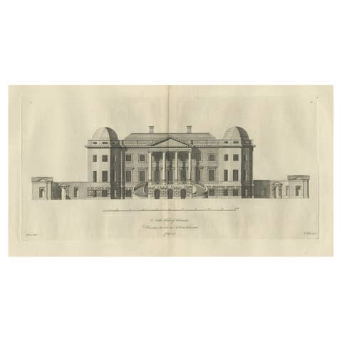 Old Engraving of Foremarke Hall, a Manor House in Derbyshire, England, ca.1770