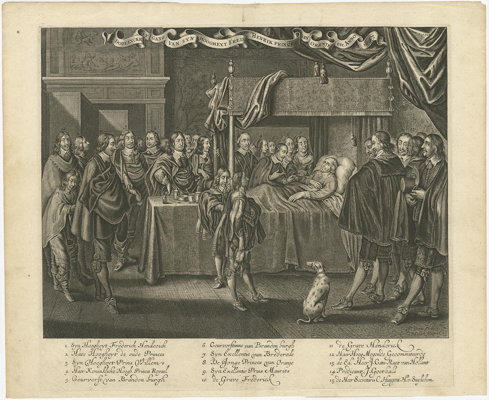 Antique print titled 'Dodelycke Uytgang van Syn Hoogheyt Fred. Hendrik Prince van Oranje etc.'. 

Old print of Frederick Henry on his death-bed, surrounded by family and officials. With legend containing the names of the family and officials.