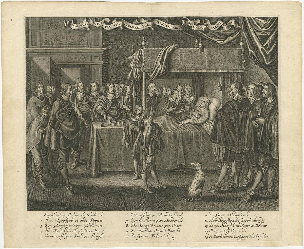 Old Engraving of Frederick Henry of Orange on his Death-bed, ca.1650