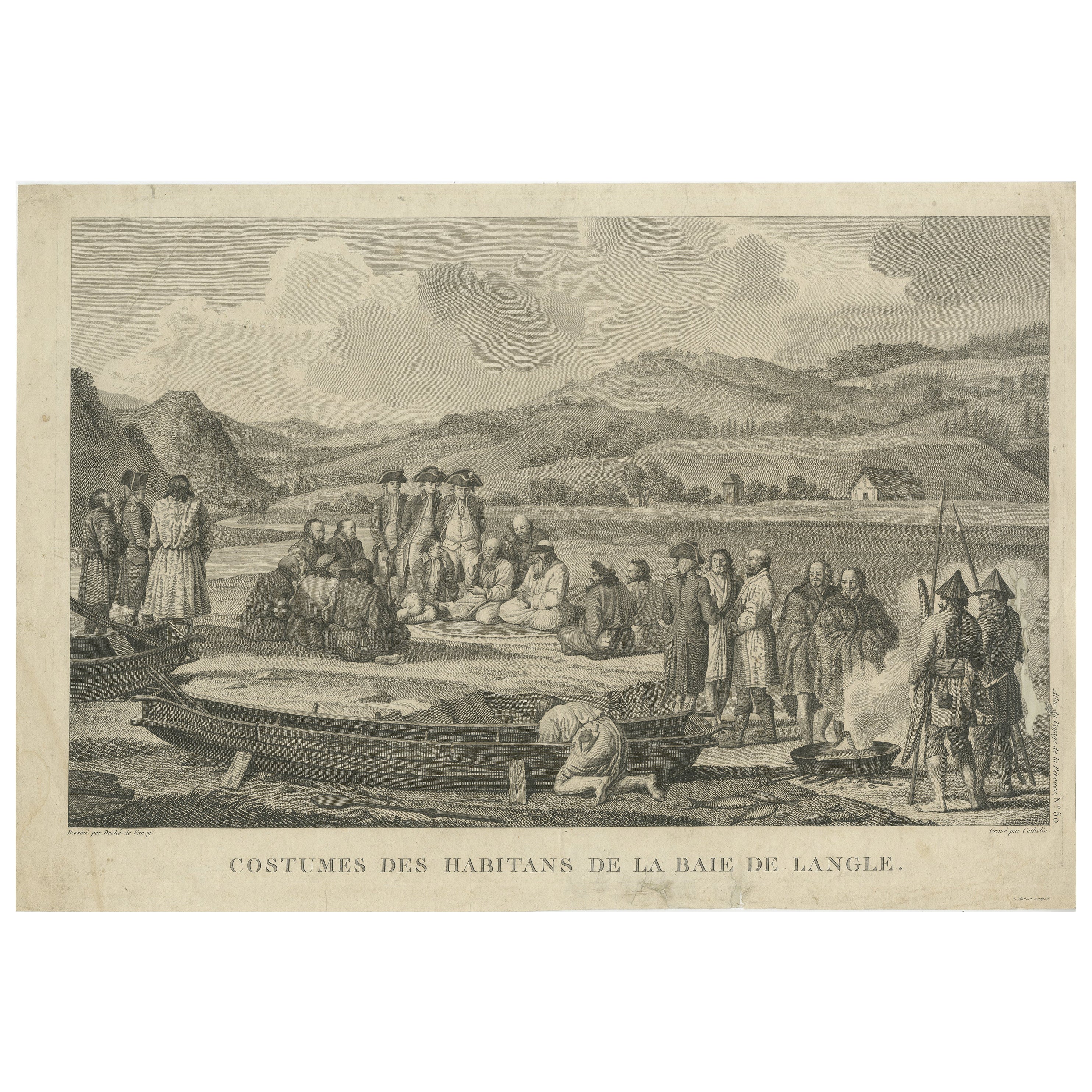 Incisione antica di francesi in visita a Tomari, un villaggio dell'Estremo Oriente russo, 1797