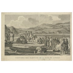Incisione antica di francesi in visita a Tomari, un villaggio dell'Estremo Oriente russo, 1797