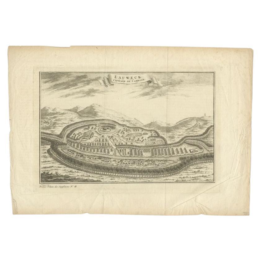 Antiker Druck mit dem Titel 'Eauweck, capitale de Camboye'. Dekorativer Panoramablick auf die Stadt Longvek (oder Lavek) in Kambodscha. Sie war die zweite Hauptstadt Kambodschas während des Mittelalters, das nach der Angkor-Ära des Khmer-Reiches