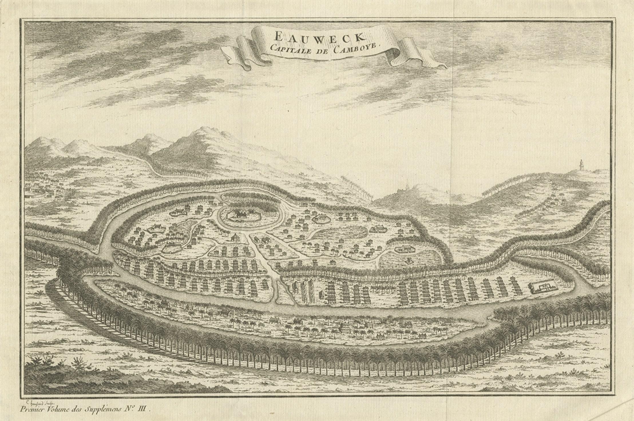 Alte Gravur von Longvek oder Lavek (Eauweck), der zweiten Hauptstadt Kambodscha (Papier) im Angebot