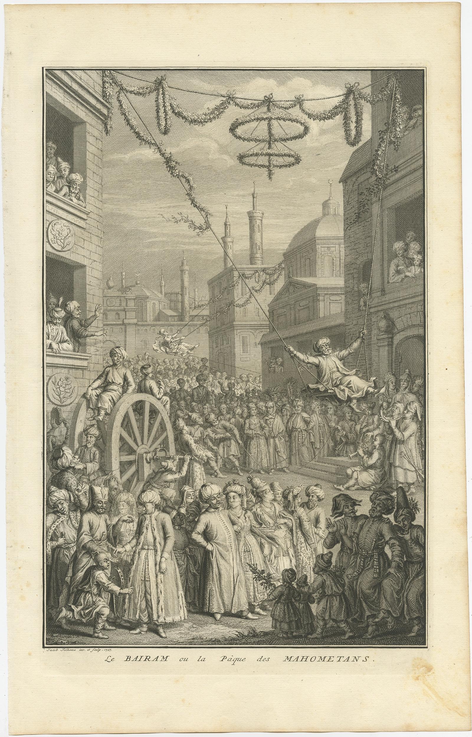 Antique print titled 'Le Bairam ou la Paque des Mahometans'. 

Old print of the Bairam celebration, the Easter of the Muslims. Originates from 'Ceremonies et coutumes Religieuses...' , by A. Moubach.

Artists and Engravers: Bernard Picart was a