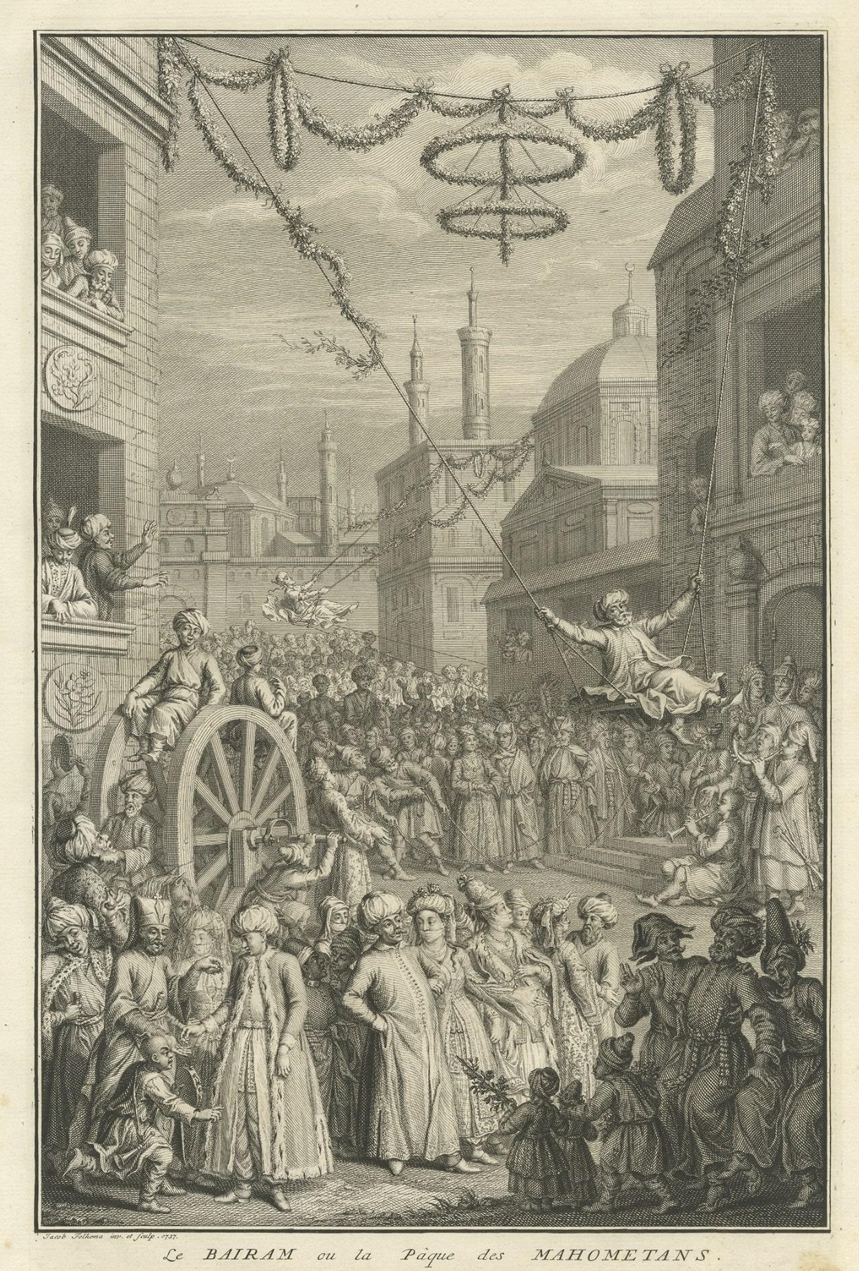 Ancienne gravure de la célébration du Bairam, l'autel des musulmans, 1737 Bon état - En vente à Langweer, NL