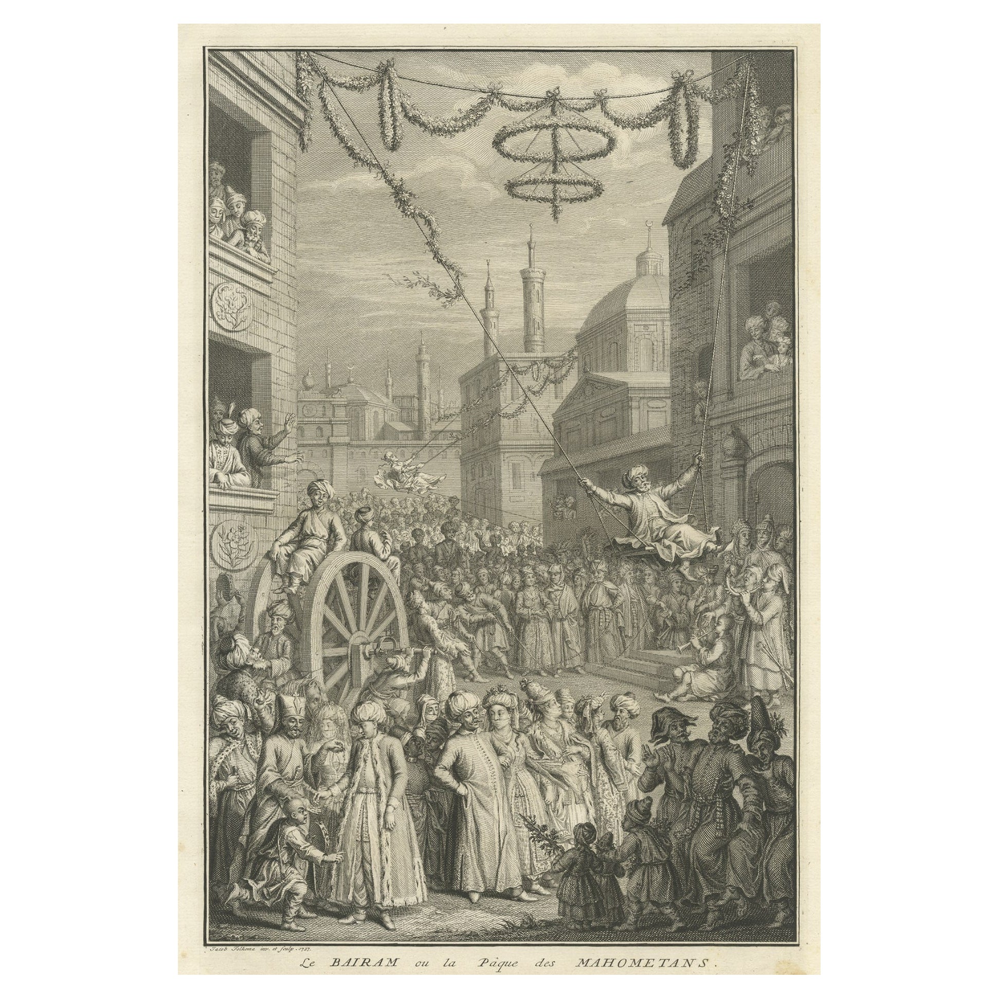 Incisione antica della celebrazione del Bairam, la Pasqua dei musulmani, 1737