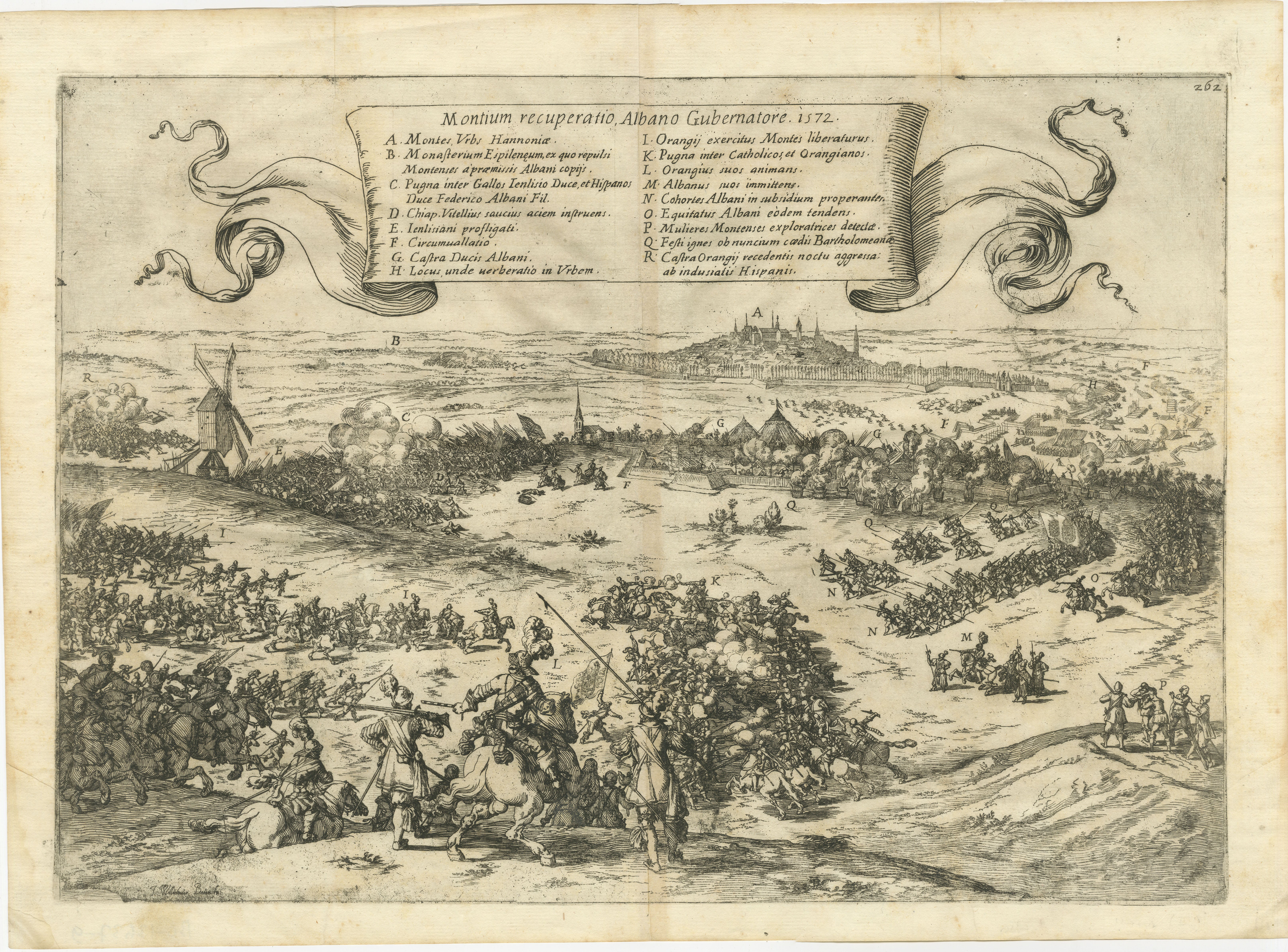 The print is a historical depiction of the Siege of Bergen (also known as Mons) in Hainaut in 1572, during the Eighty Years' War. 

This event is significant as it involved Count Louis of Nassau capturing Bergen with stratagem and subsequently being