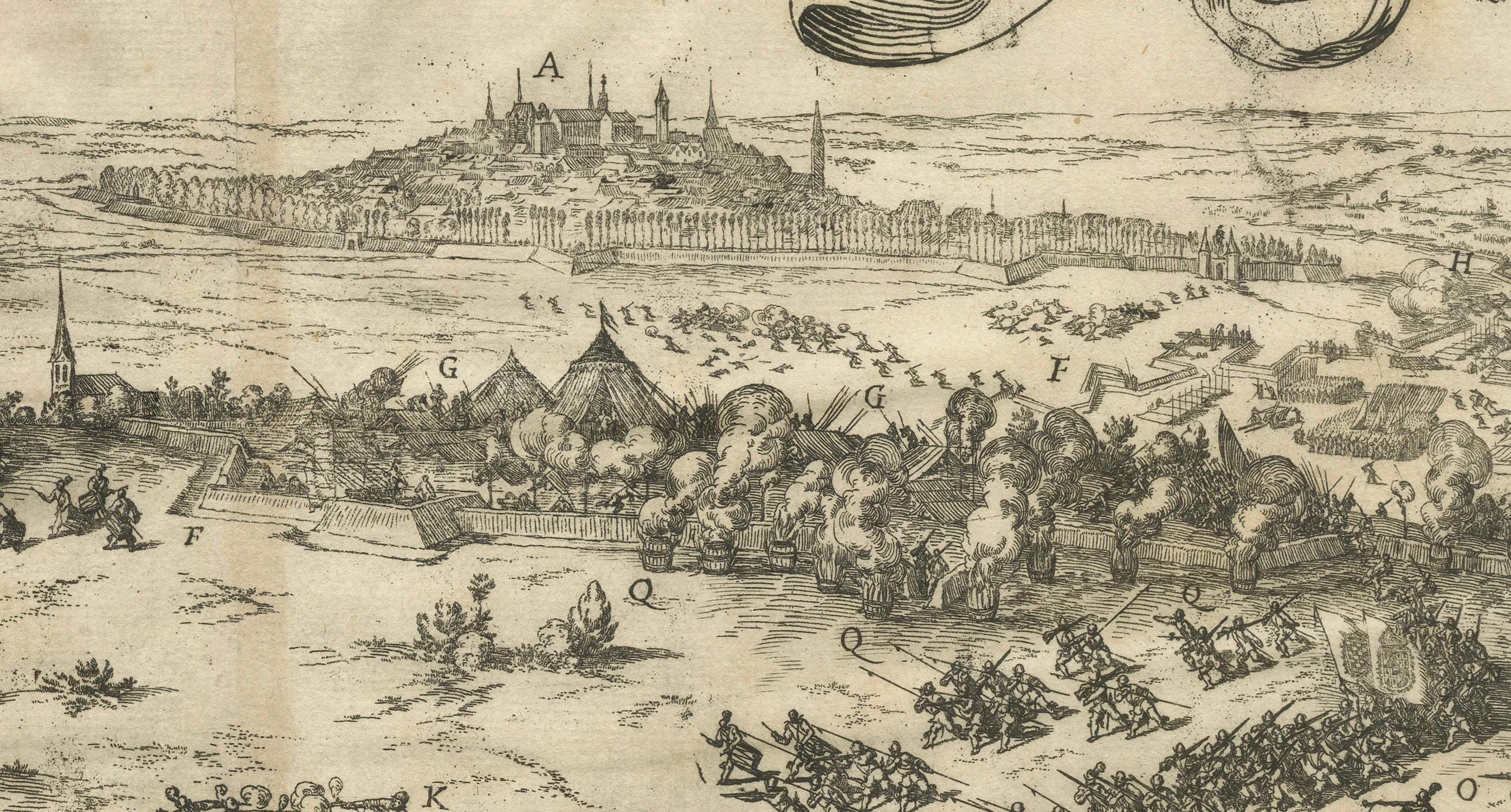 Mid-17th Century Old Engraving of The Battle of Bergen in Hainaut during the Eighty Years', 1632 For Sale