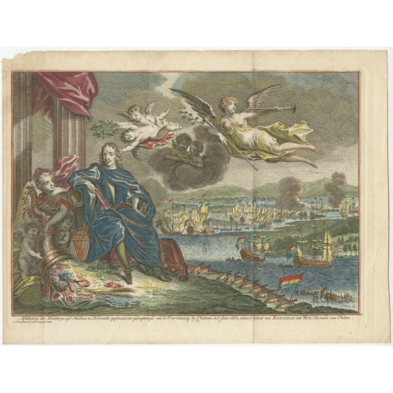 Antique print titled 'Aftekening der Schilderye op 't Stadhuis te Dordrecht (..)'. Scene of the battle of Chattam during one of the many Anglo-Dutch wars. In this battle, the Dutch sailed up the river Thames and destroyed part of the English fleet
