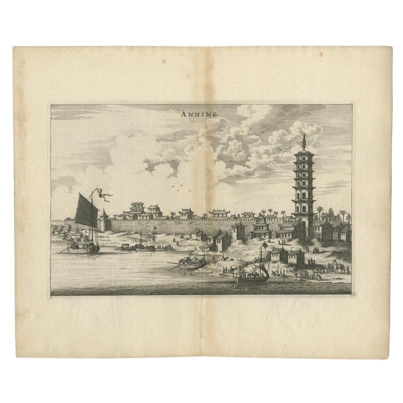 Old Engraving of the Chinese City of Anhing, Nieuhof, 1666 For Sale