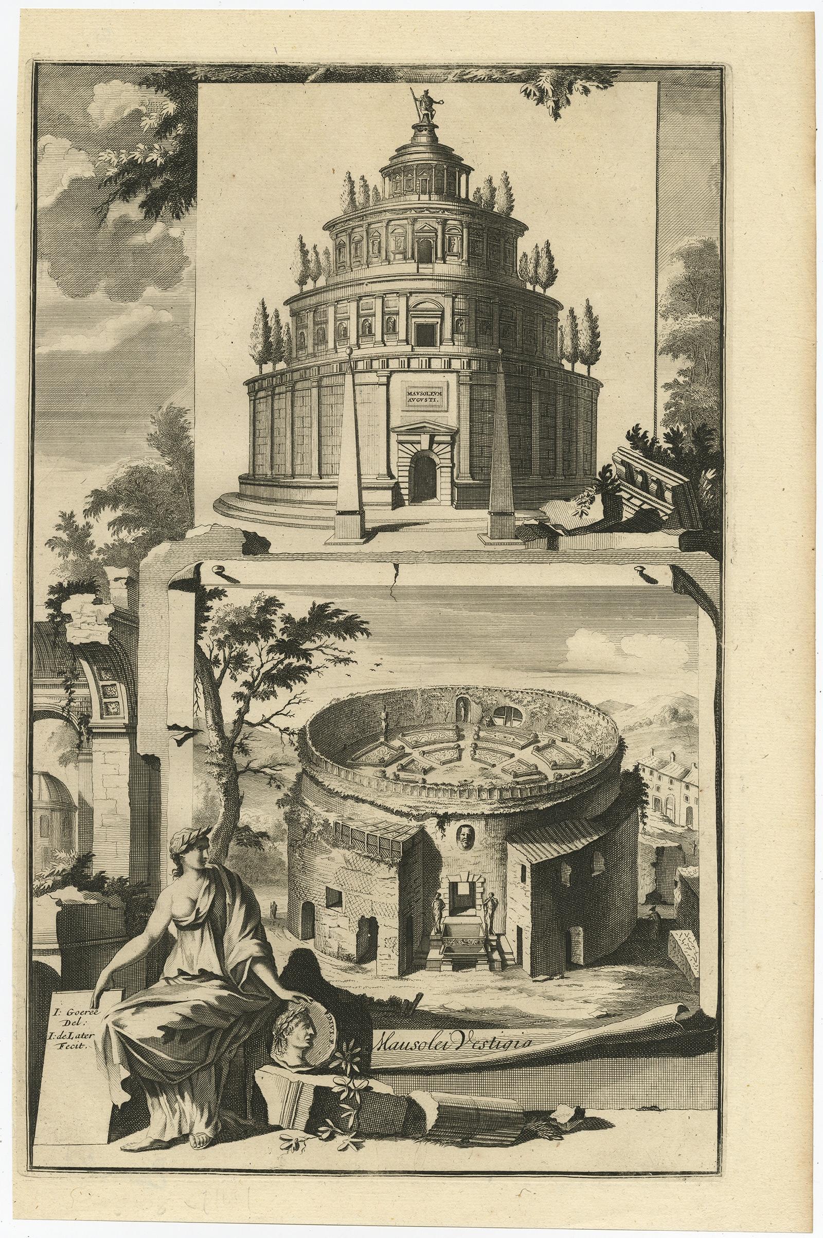 Incisione antica del Mausoleo di Augusto e dei suoi resti a Roma, Italia in vendita 3