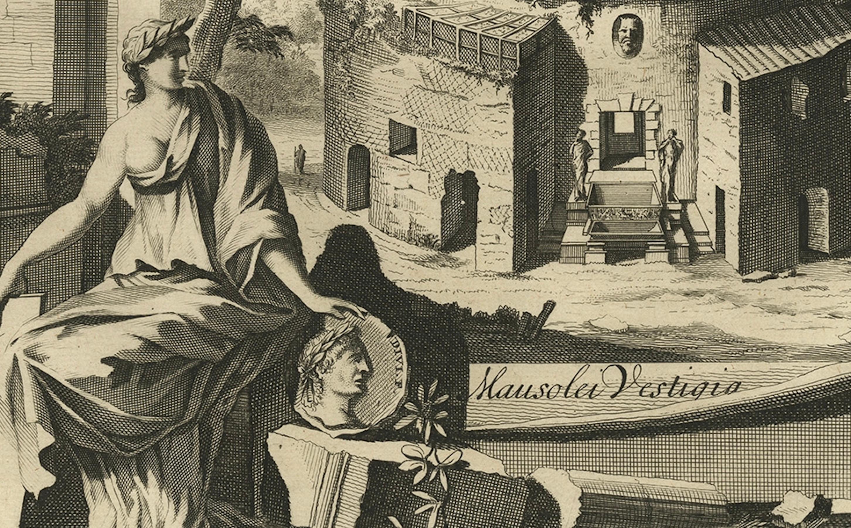 Fino al XVIII secolo Incisione antica del Mausoleo di Augusto e dei suoi resti a Roma, Italia in vendita