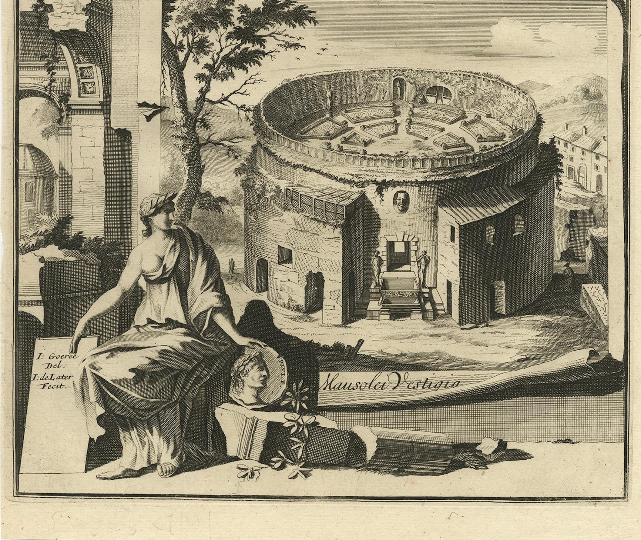 Carta Incisione antica del Mausoleo di Augusto e dei suoi resti a Roma, Italia in vendita