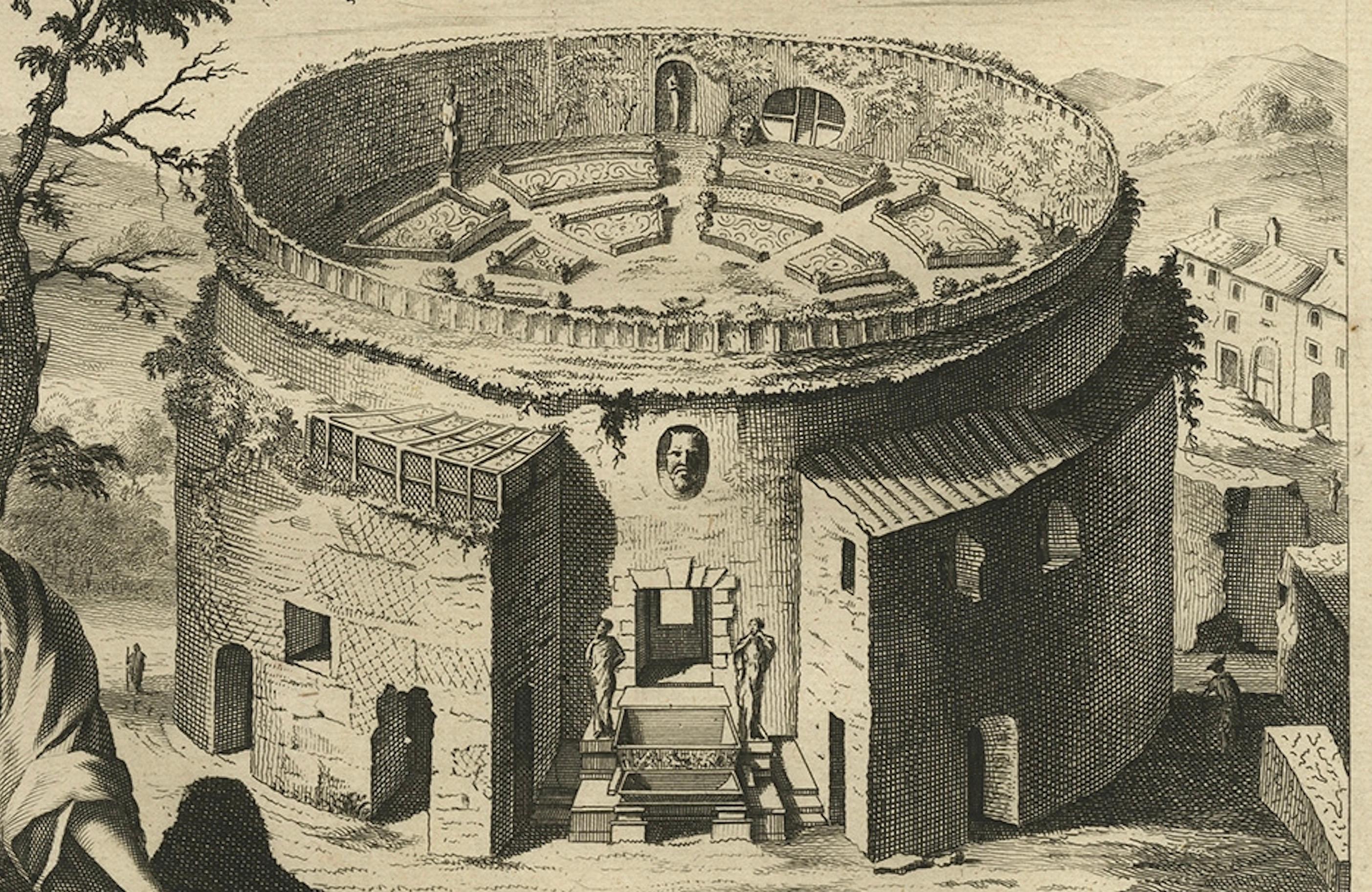 Incisione antica del Mausoleo di Augusto e dei suoi resti a Roma, Italia in vendita 1