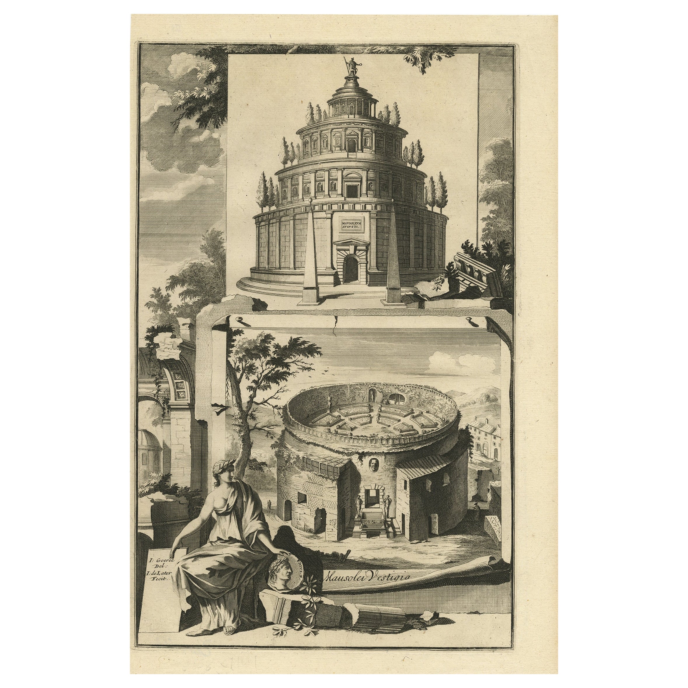 Incisione antica del Mausoleo di Augusto e dei suoi resti a Roma, Italia in vendita