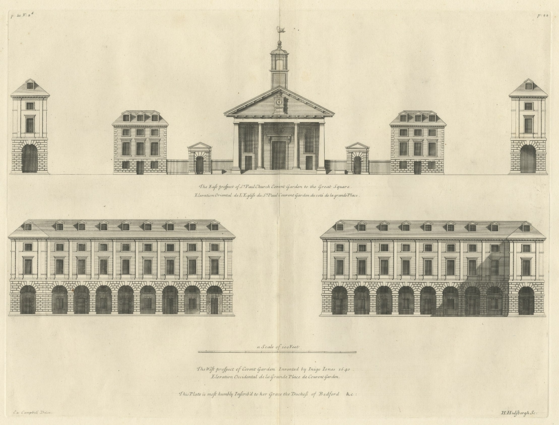 Description: Antique print titled 'The west prospect of Covent Garden (..)'. 

Old engraving of the Royal Opera House, also known as Covent Garden. This print originates from 'Vitruvius Britannicus' by Colen Campbell. 

Artists and Engravers: