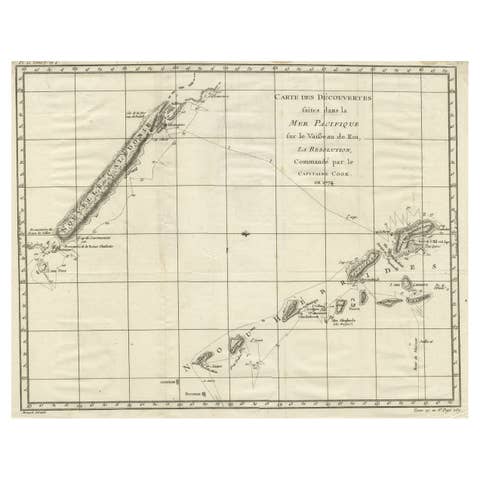 Old Engraving of the Track of the Resolution Captain Cook in the Pacific, 1780