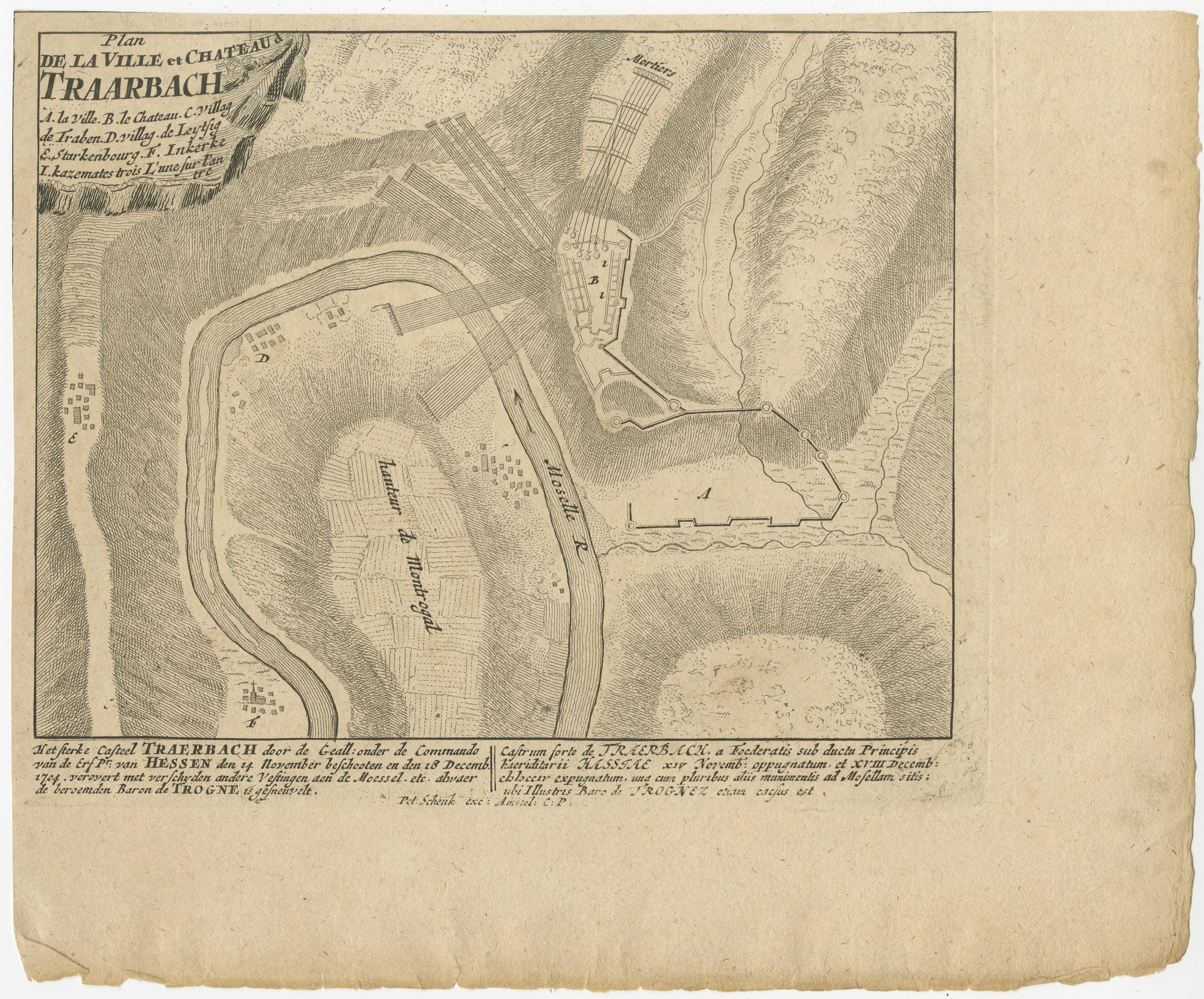 Rare antique print titled 'Plan de la Ville et Chateau Traarbach (..)'. Battle plan of Trarbach, Rhineland-Palatinate, Germany. 

Published circa 1710 by P. Schenk.

Below image text in Dutch and Latin, describing the victory over the strongly