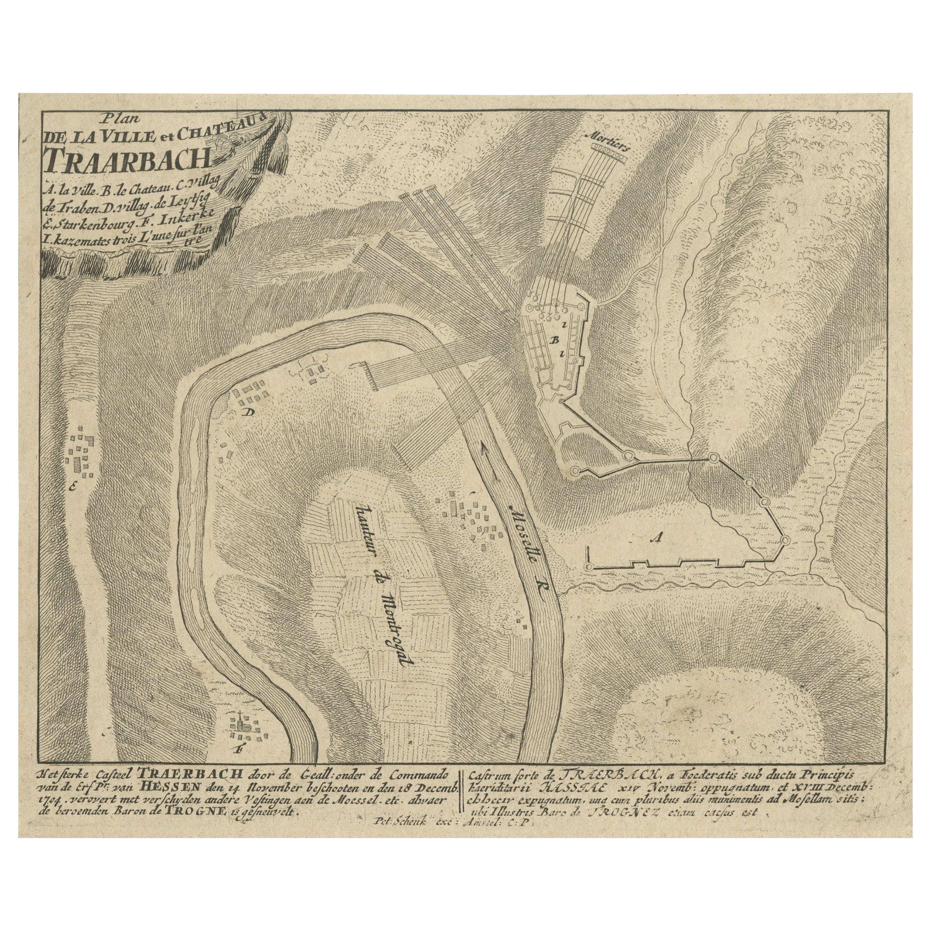 Old Engraving of the Trarbach Battle in Rhineland-Palatinate, Deutschland, um 1710