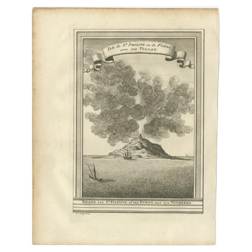 Antique print titled 'Eiland van St. Filippus, of van Fuego, met zyn vuurberg'. Old print of Piton de la Fournaise, a shield volcano on the eastern side of Reunion island near the town of Saint-Philippe. Engraved by J. van Schley for a Dutch edition