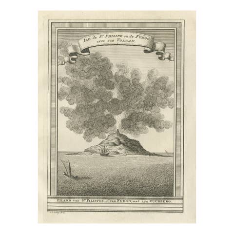 Old Engraving of Volcano Piton de la Fournaise on Reunion Island, c.1750