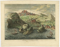Ancienne gravure de la ville et du port de Pathmos, Patmos ou Patimo en Grèce, 1725