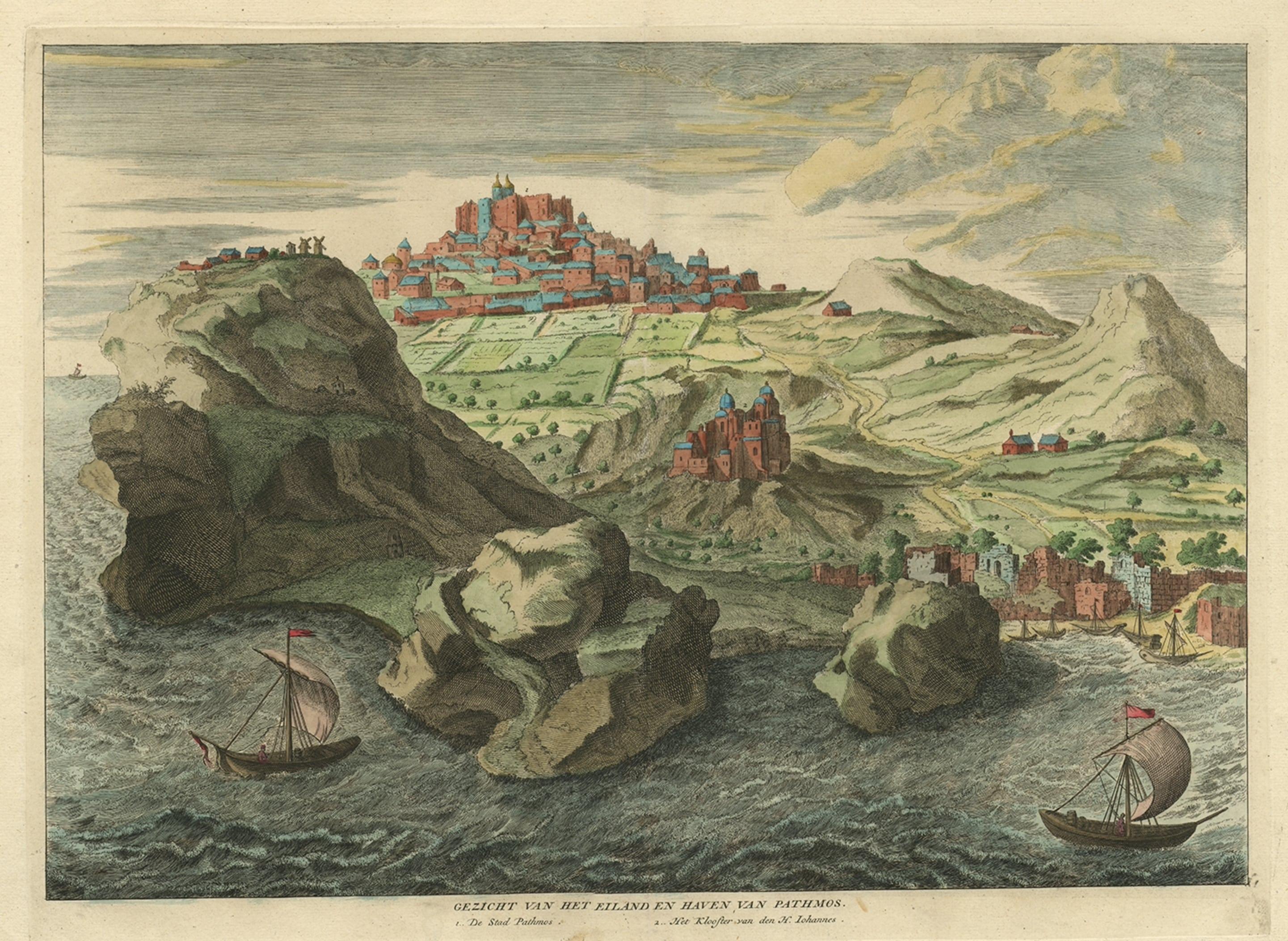 Old Engraving the City and Harbour of Pathmos, Patmos or Patimo in Greece, 1725 In Good Condition For Sale In Langweer, NL