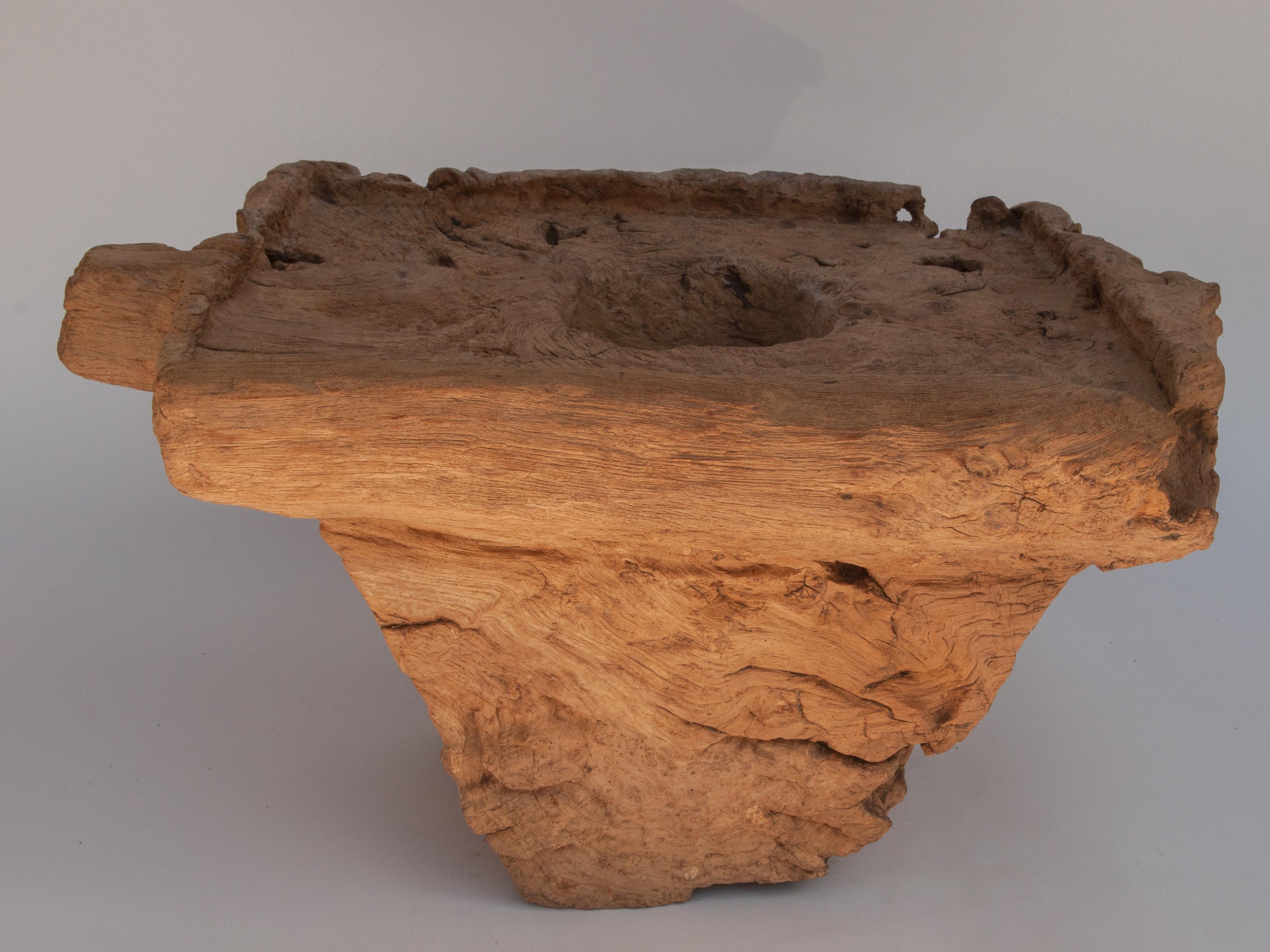 Old Eroded Teak Burlwood Mortar with Handle, North Thailand, Mid-20th Century 11