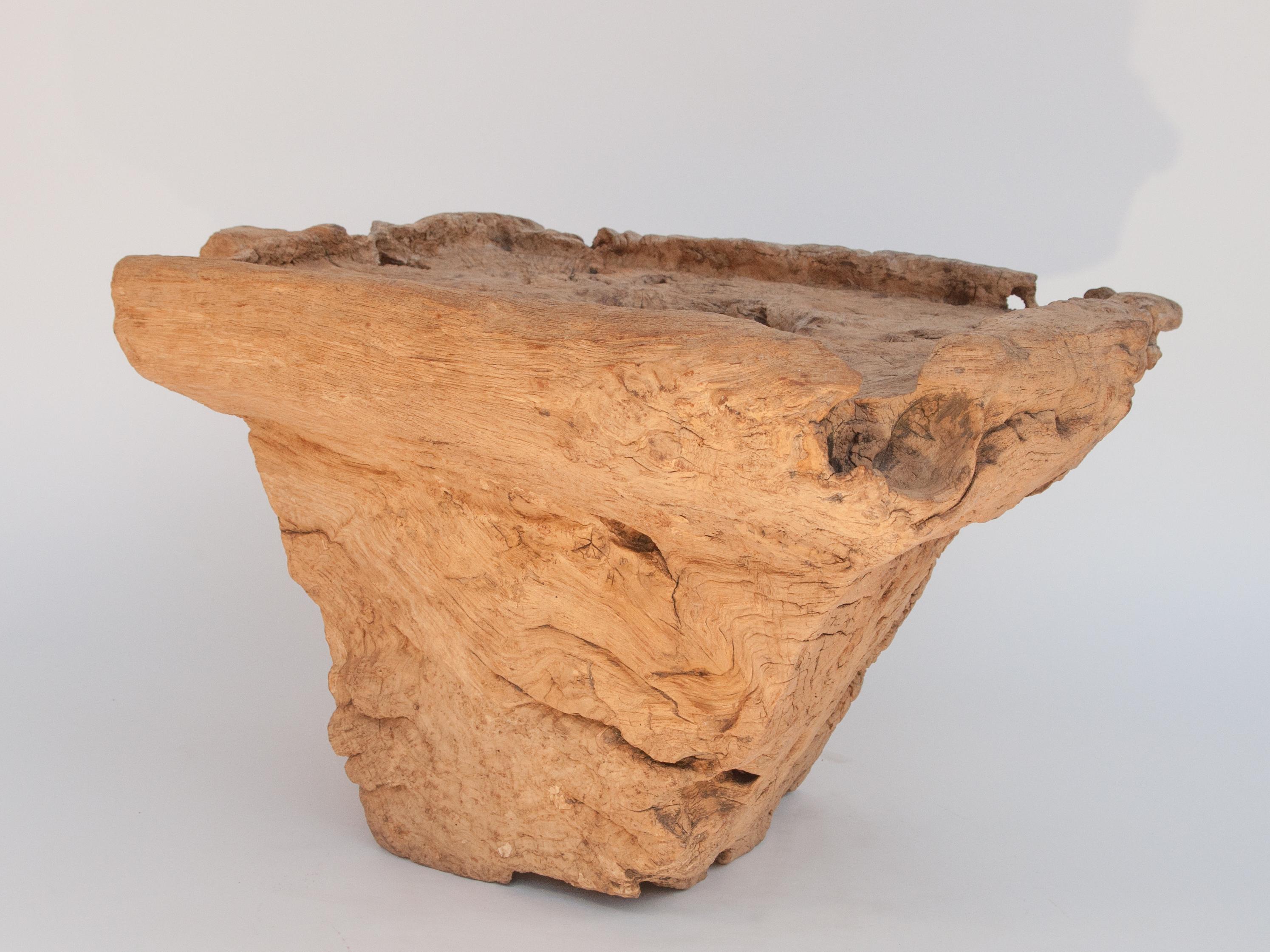 Rustic Old Eroded Teak Burlwood Mortar with Handle, North Thailand, Mid-20th Century