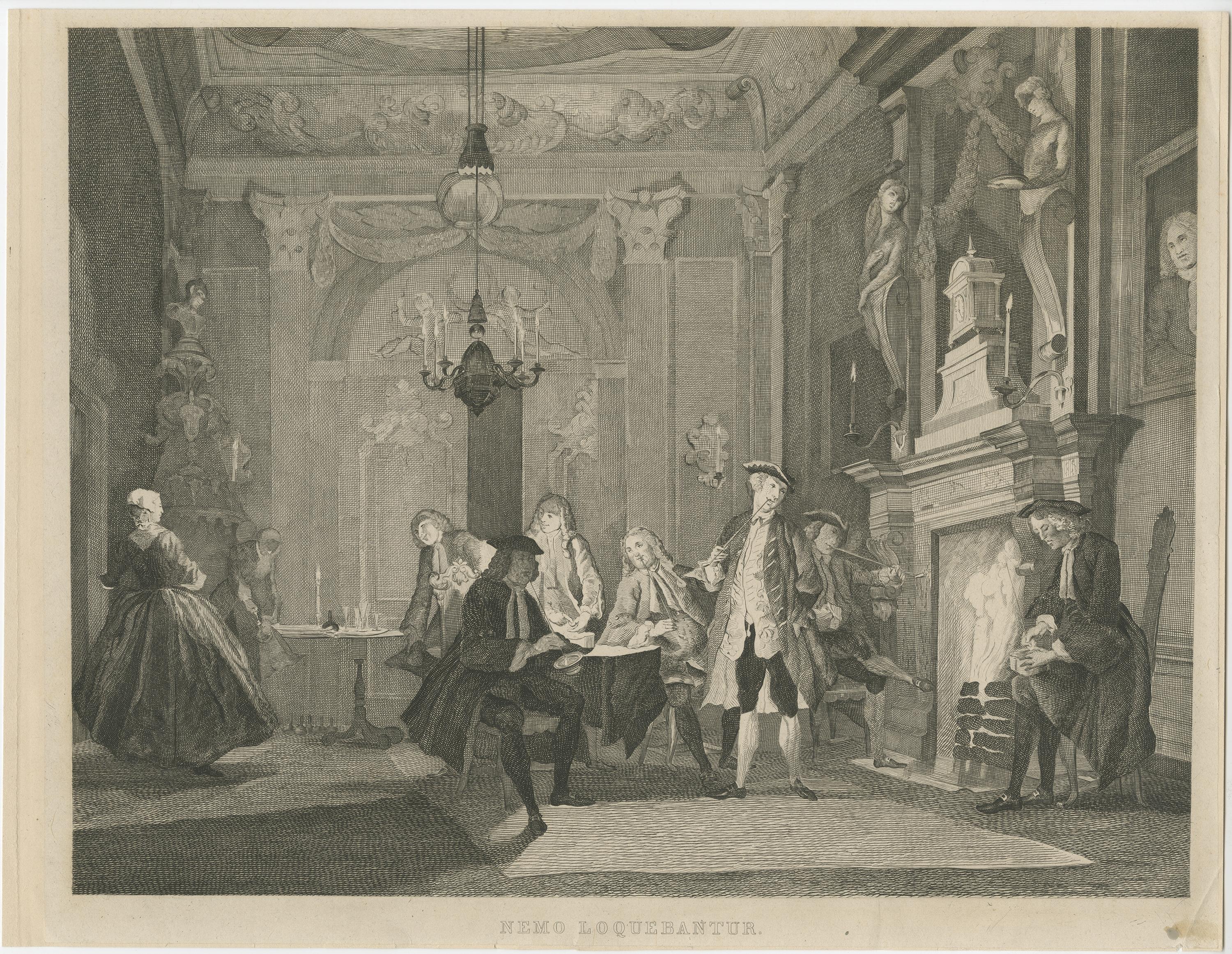 Antique print titled 'Nemo Loquebantur'. 

Etching on chine collé after the painting by Cornelis Troost. It shows a Dutch interior with a group of Dutch friends gathered in the house of Biberius by night; some men seated around a table, while