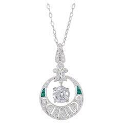 Old Euro Cut Diamond & Emerald Accent Art Deco Style Pendant in 18K White Gold