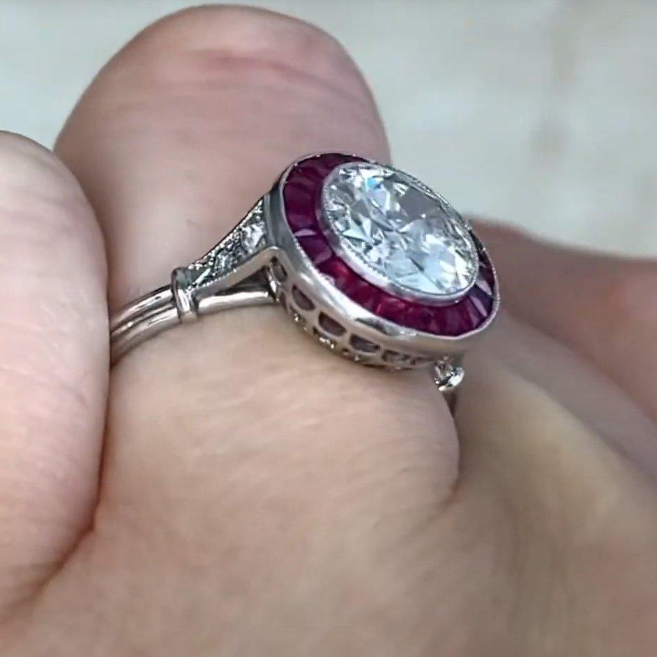 Anillo de compromiso de diamantes talla europea antiguos (aprox. 1,50 quilates), halo de rubí, platino Corte europeo antiguo en venta