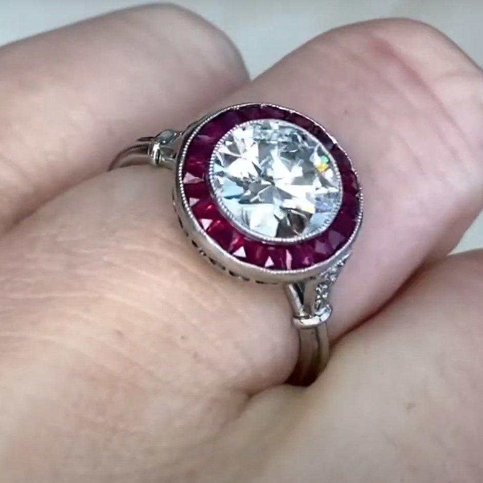 De las mujeres Anillo de compromiso de diamantes talla europea antiguos (aprox. 1,50 quilates), halo de rubí, platino en venta