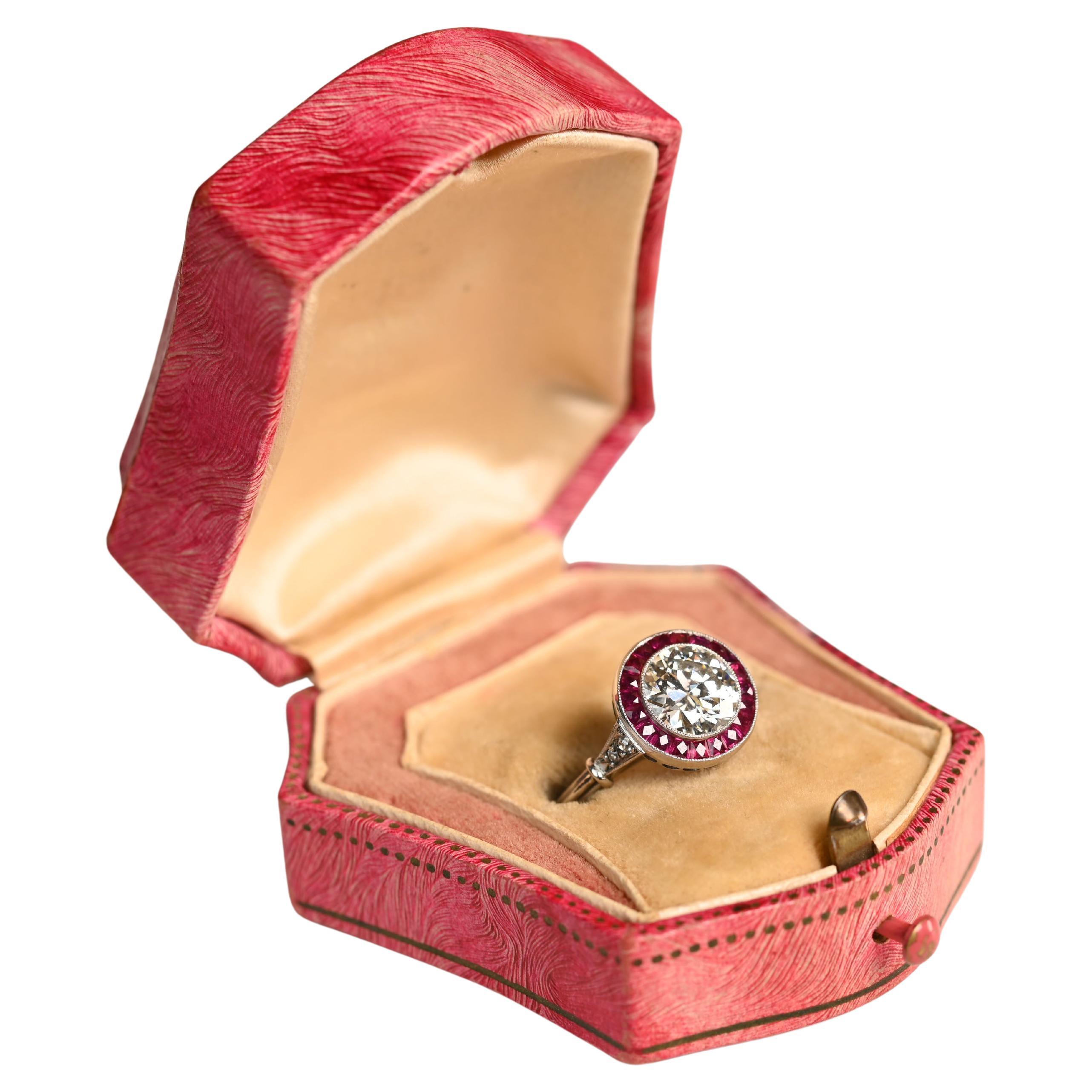 Anillo de compromiso de diamantes talla europea antiguos (aprox. 1,50 quilates), halo de rubí, platino