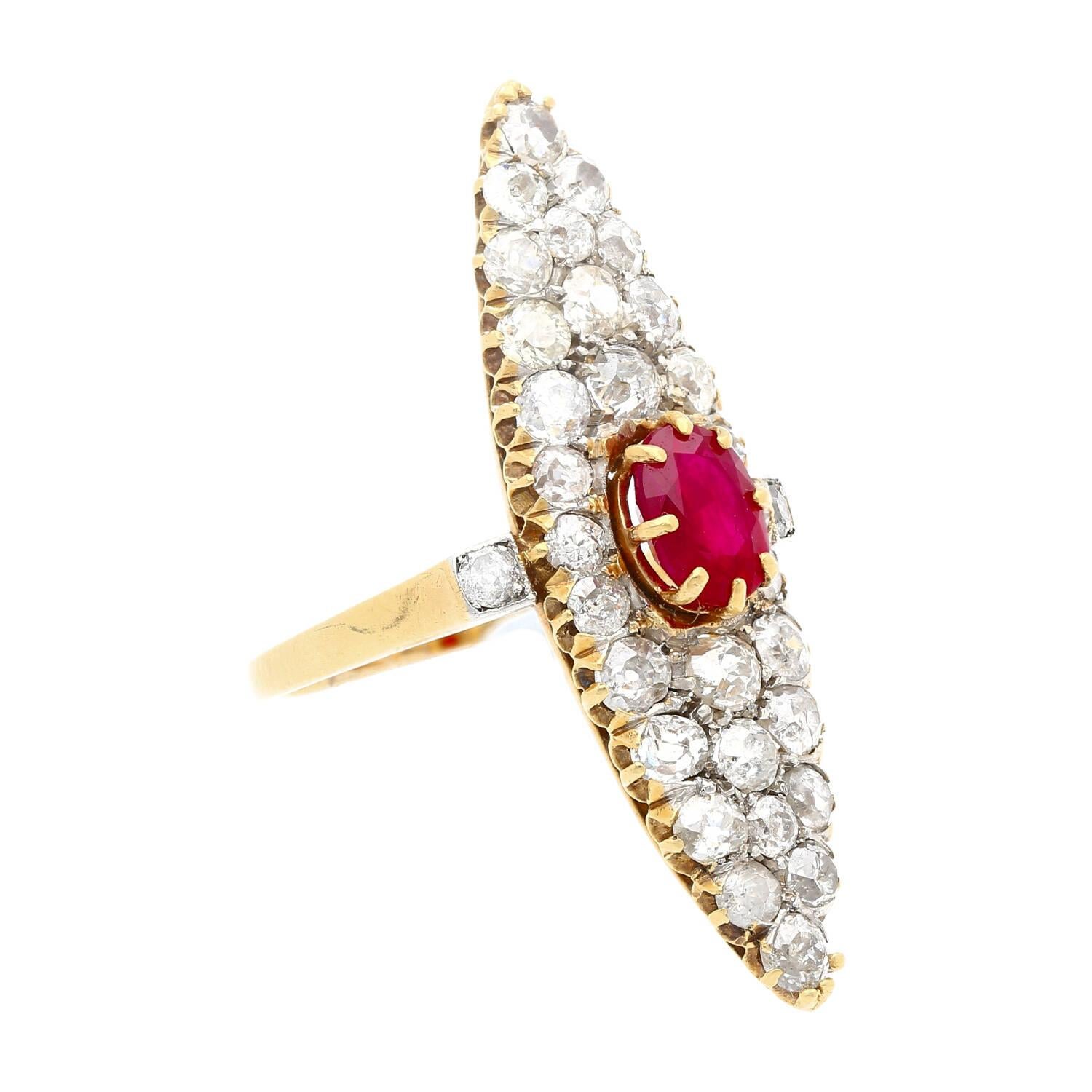 Retro Old-euro-cut Ruby and Diamond Cocktail Long Ring in 14k Yellow Gold For Sale