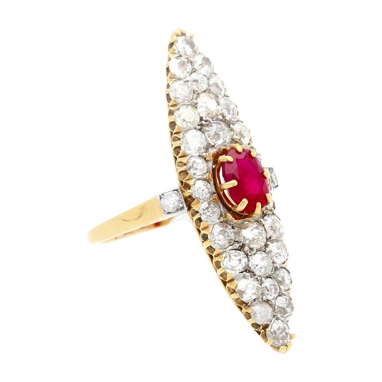Old-euro-cut Ruby and Diamond Cocktail Long Ring in 14k Yellow Gold For ...