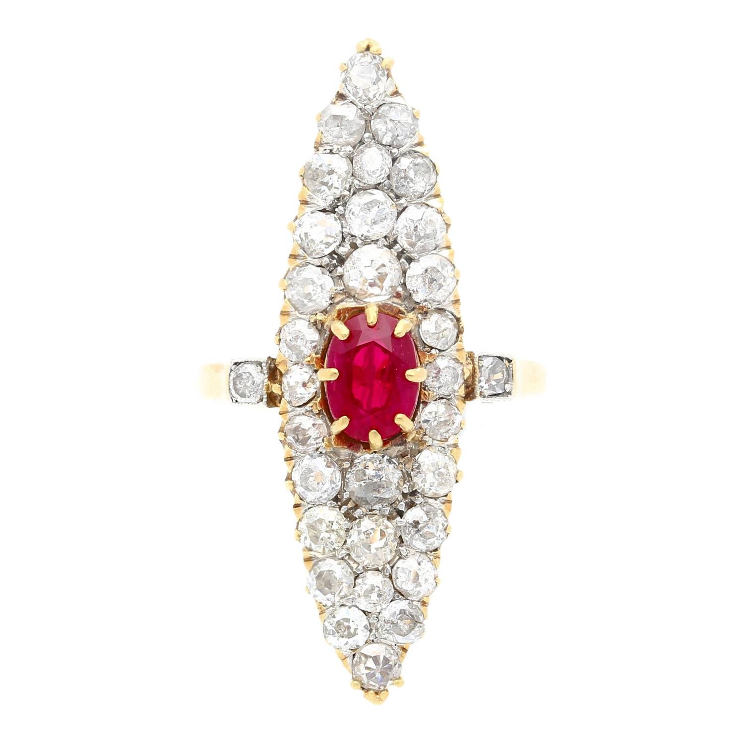 Old European Cut Old-euro-cut Ruby and Diamond Cocktail Long Ring in 14k Yellow Gold For Sale