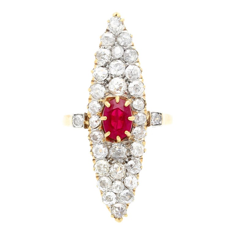 Old-euro-cut Ruby and Diamond Cocktail Long Ring in 14k Yellow Gold For ...
