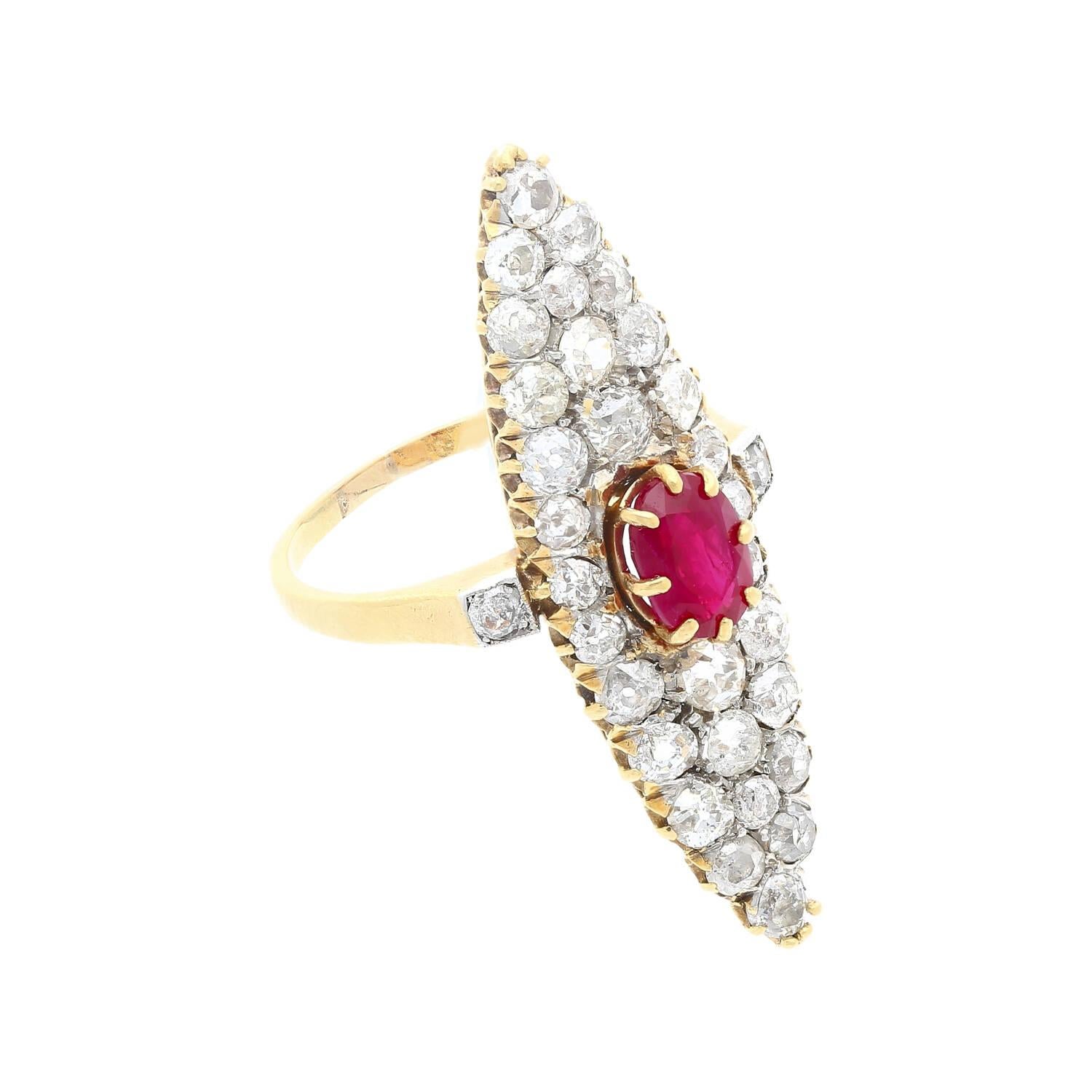 Old-euro-cut Ruby and Diamond Cocktail Long Ring in 14k Yellow Gold In Excellent Condition For Sale In Miami, FL