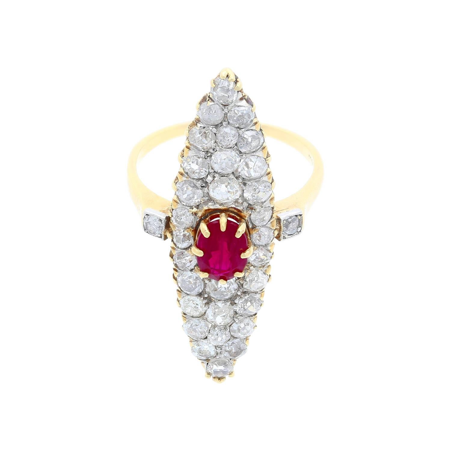 Women's Old-euro-cut Ruby and Diamond Cocktail Long Ring in 14k Yellow Gold For Sale