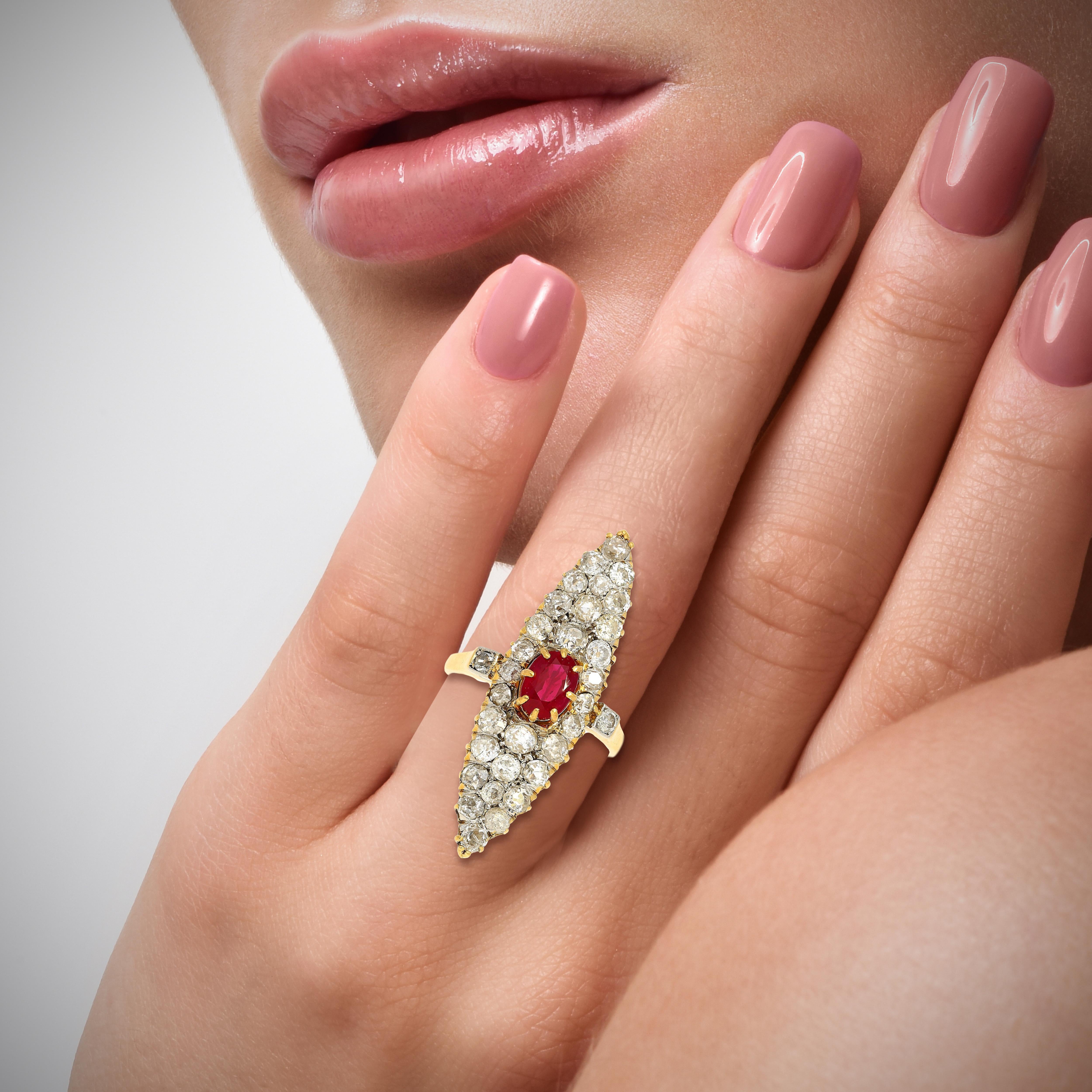 Old-euro-cut Ruby and Diamond Cocktail Long Ring in 14k Yellow Gold For Sale 1