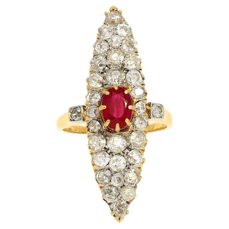 Old-euro-cut Ruby and Diamond Cocktail Long Ring in 14k Yellow Gold For Sale