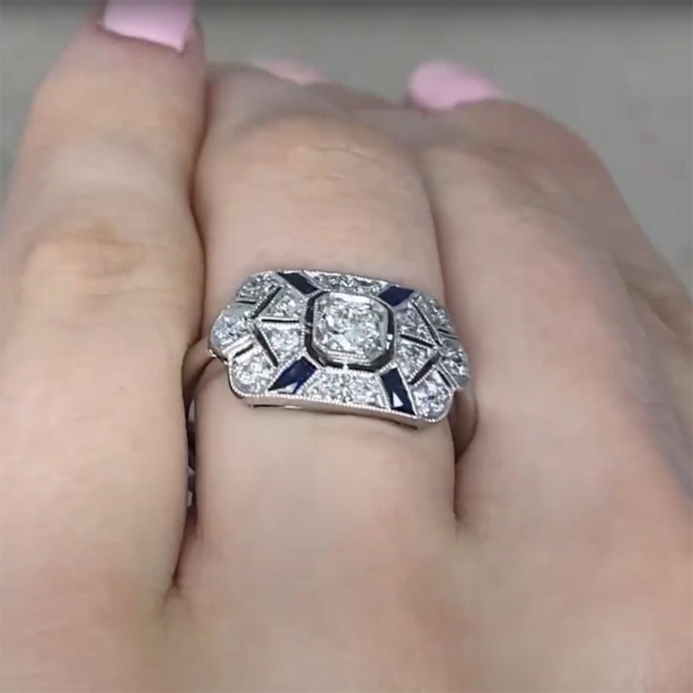 Art déco Bague géométrique en saphir et diamant Old Euro (environ 0,20 carats), platine en vente