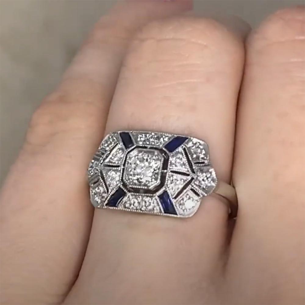 Bague géométrique en saphir et diamant Old Euro (environ 0,20 carats), platine Excellent état - En vente à New York, NY