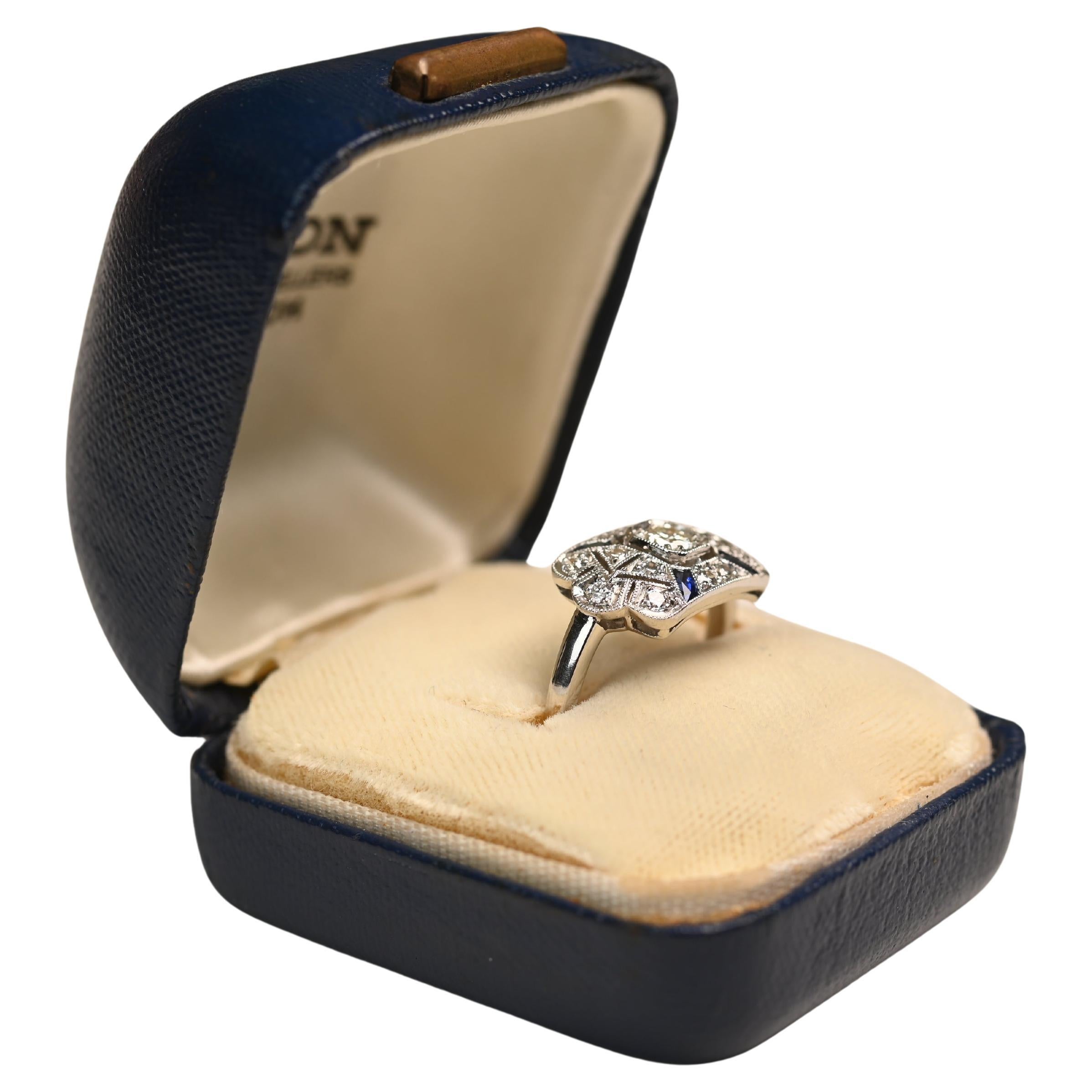 Old Euro Diamond (Approx. 0.20-Carats) & Sapphire Geometric Ring, Platinum