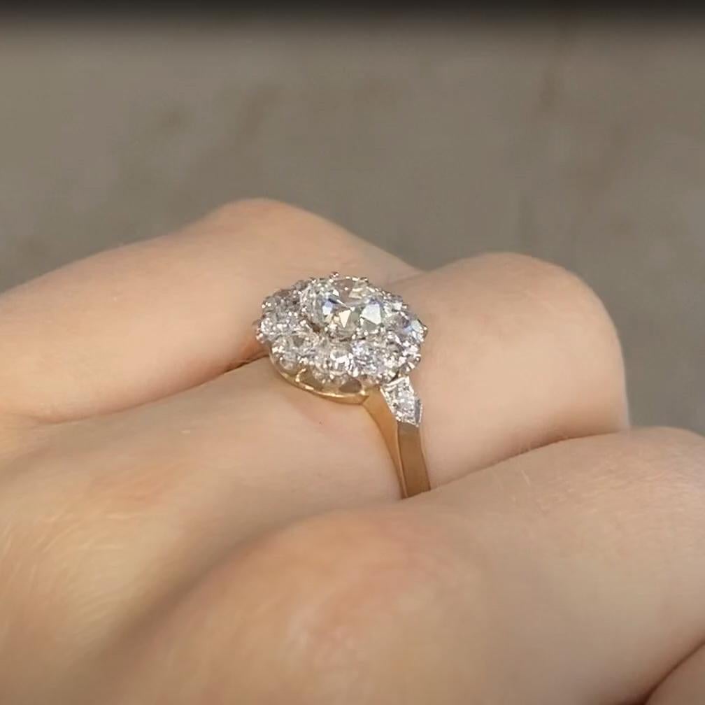 Taille vieille Europe Bague à grappes en or jaune 18k, diamant Old Euro (environ 0,90 carats), serti à griffes en vente