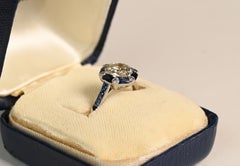 Diamond and Sapphire Engagement Ring. 1ct Old European Cut Diamond Platinum Ring