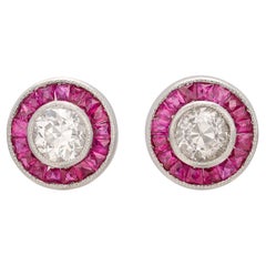 Old Euro Diamond Stud Platinum Earrings with Ruby Halos