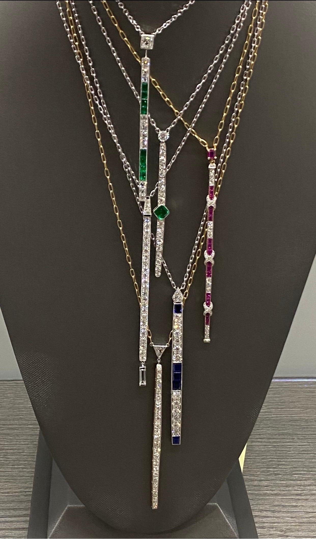 Mindi Mond Collier à maillons en platine avec barre de diamants baguettes européennes anciennes de 4,80 carats Unisexe en vente